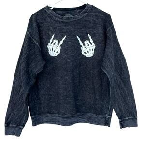 Acid Wash Crew Neck Sweatshirt Size Medium Black Grey Halloween Skeleton Skull